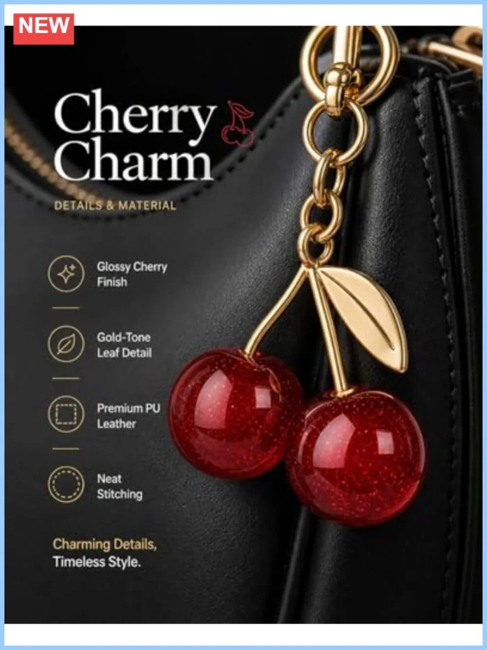 PU Leather Hobo Shoulder Bag with Strap Cherry Charm Women Handbag